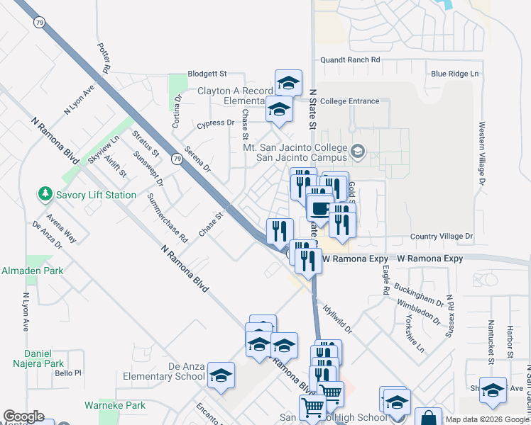 map of restaurants, bars, coffee shops, grocery stores, and more near 1292 Discovery Drive in San Jacinto