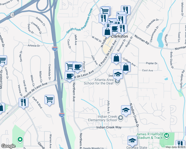 map of restaurants, bars, coffee shops, grocery stores, and more near 3729 Church Street in Clarkston