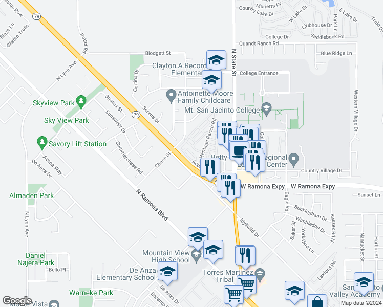 map of restaurants, bars, coffee shops, grocery stores, and more near Bounty Way in San Jacinto