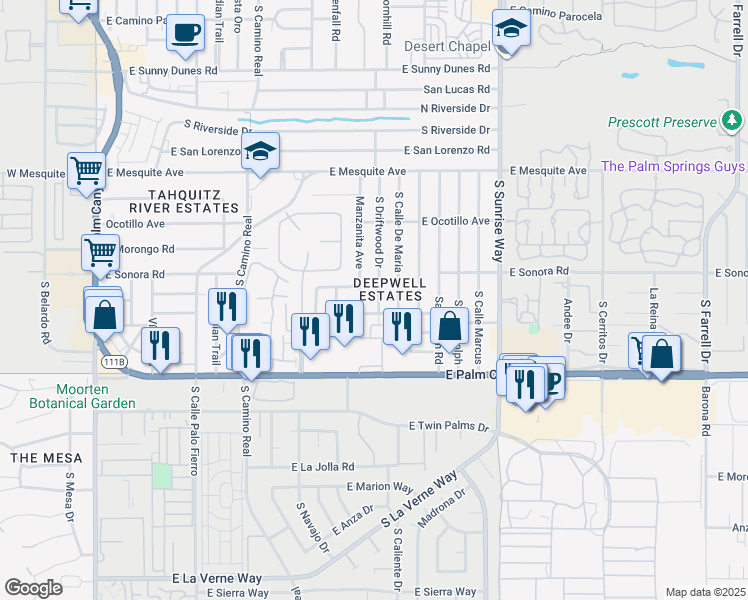map of restaurants, bars, coffee shops, grocery stores, and more near 1515 South Driftwood Drive in Palm Springs