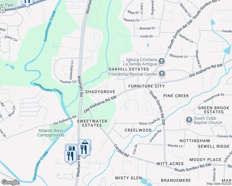 map of restaurants, bars, coffee shops, grocery stores, and more near 2090 Old Alabama Road Southwest in Austell
