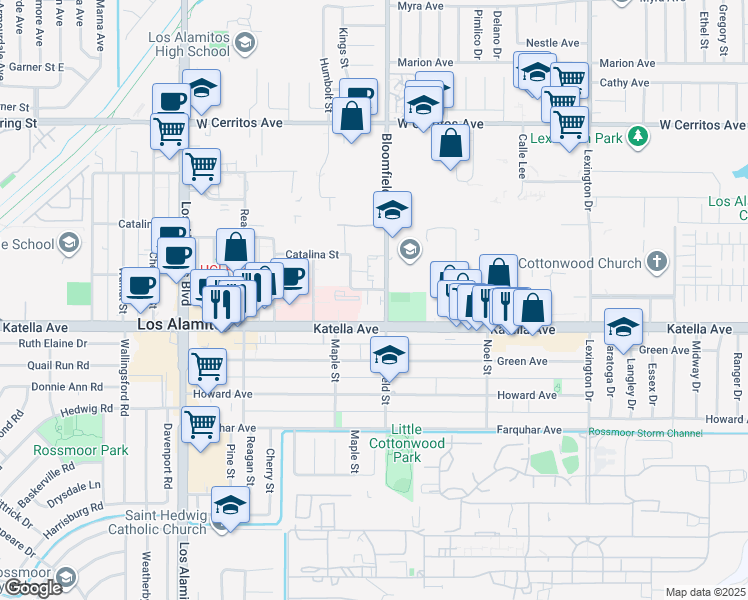 map of restaurants, bars, coffee shops, grocery stores, and more near 10961 Bloomfield Street in Los Alamitos