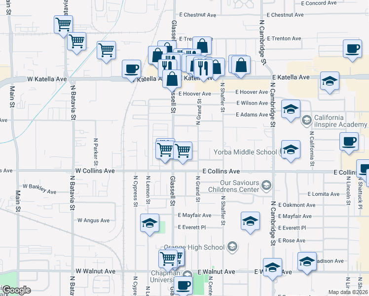 map of restaurants, bars, coffee shops, grocery stores, and more near 143 East Locust Avenue in Orange