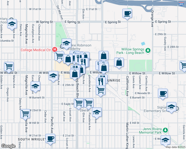 map of restaurants, bars, coffee shops, grocery stores, and more near 520 East Willow Street in Long Beach