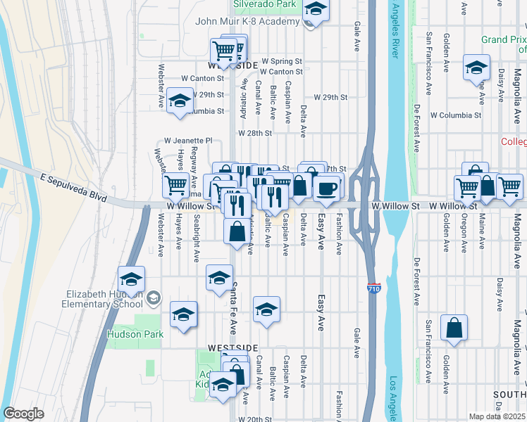 map of restaurants, bars, coffee shops, grocery stores, and more near 1552 West Willow Street in Long Beach
