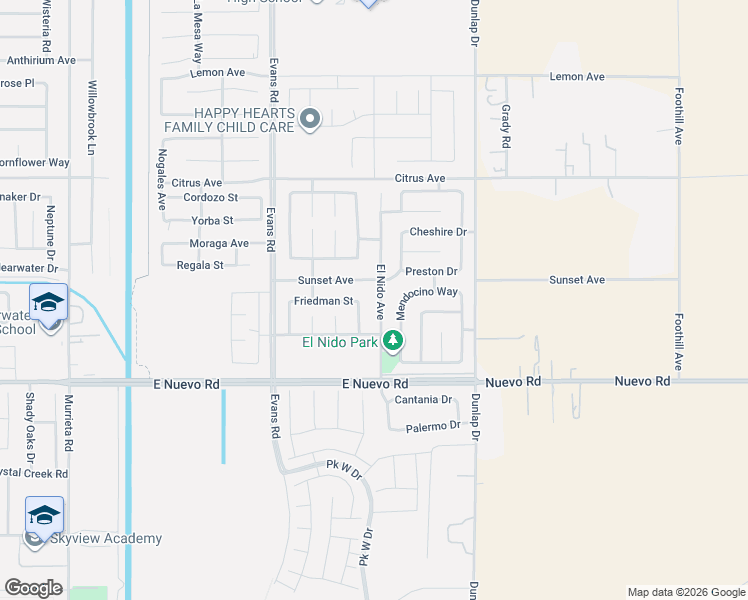 map of restaurants, bars, coffee shops, grocery stores, and more near 1740 El Nido Avenue in Perris