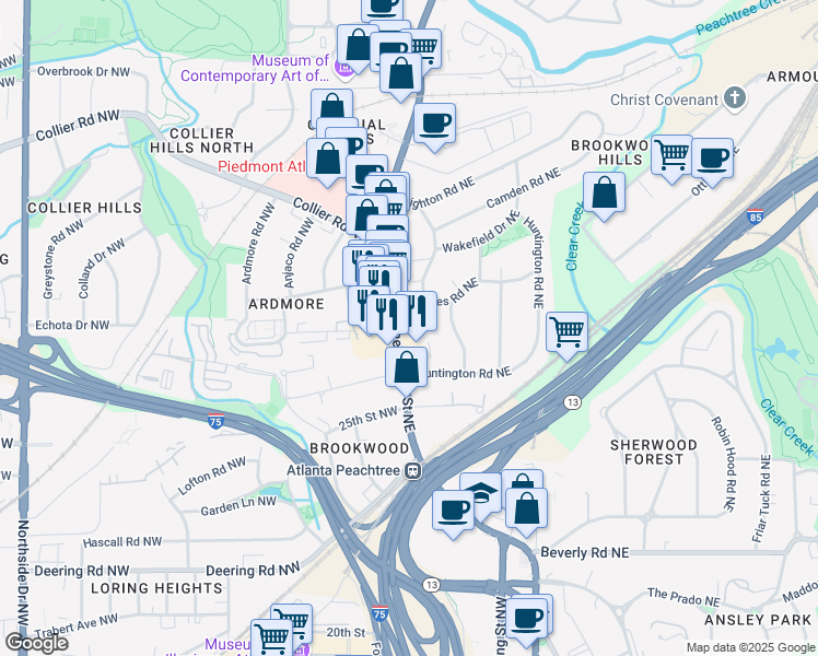 map of restaurants, bars, coffee shops, grocery stores, and more near 1801 U.S. 19 in Atlanta