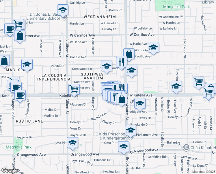 map of restaurants, bars, coffee shops, grocery stores, and more near 1754 South Rainier Court in Anaheim