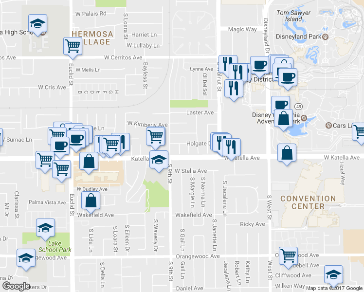 map of restaurants, bars, coffee shops, grocery stores, and more near 1764 South Strathmore Place in Anaheim