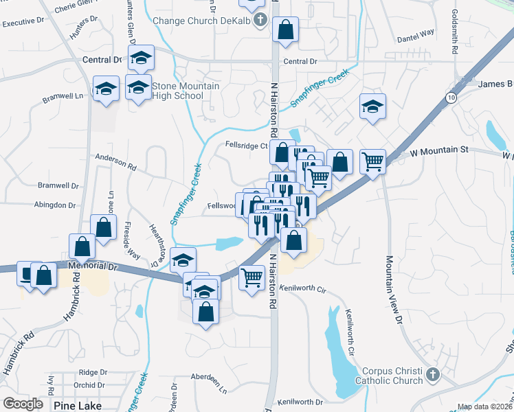 map of restaurants, bars, coffee shops, grocery stores, and more near 4749 Fellswood Drive in Stone Mountain