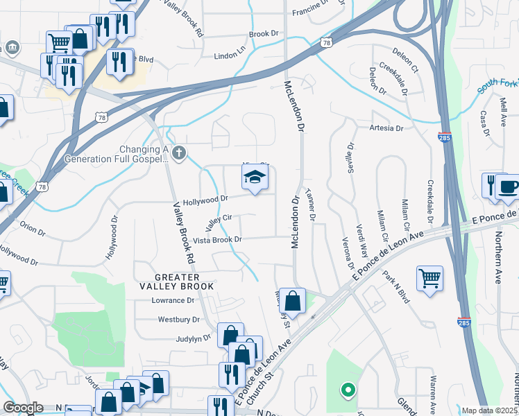 map of restaurants, bars, coffee shops, grocery stores, and more near 3169 Hollywood Drive in Decatur