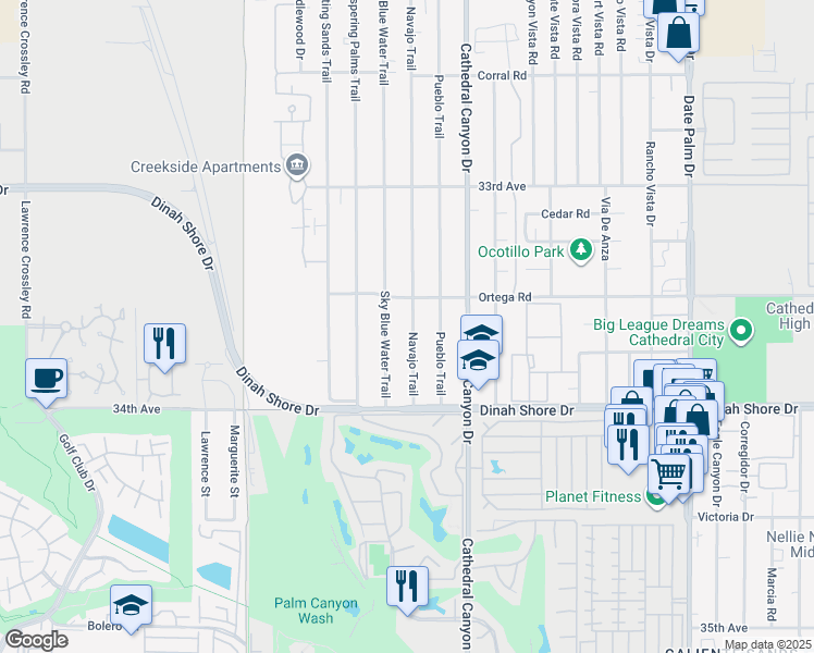 map of restaurants, bars, coffee shops, grocery stores, and more near 33631 Navajo Trail in Cathedral City