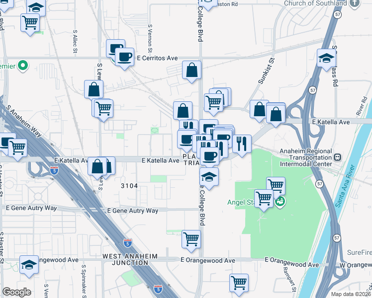 map of restaurants, bars, coffee shops, grocery stores, and more near 1801 East Katella Avenue in Anaheim