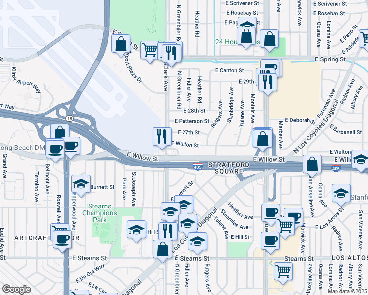 map of restaurants, bars, coffee shops, grocery stores, and more near 5170 East Walton Street in Long Beach