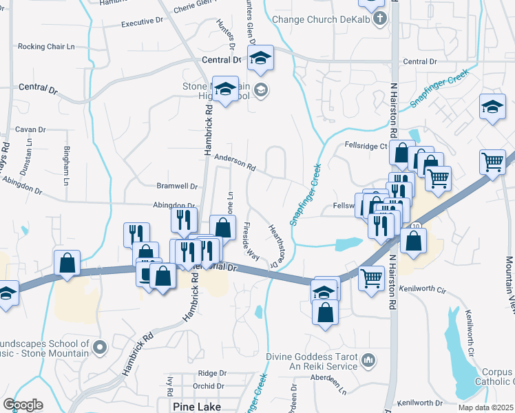 map of restaurants, bars, coffee shops, grocery stores, and more near 921 Hearthstone Drive in Stone Mountain
