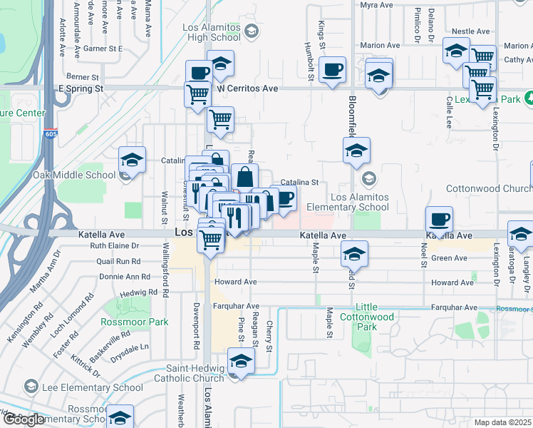 map of restaurants, bars, coffee shops, grocery stores, and more near 10911 Cherry St in Los Alamitos