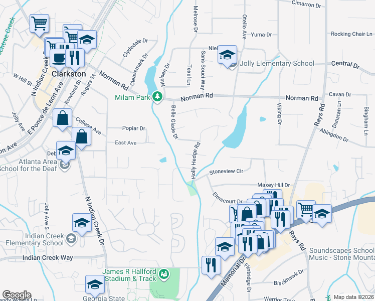 map of restaurants, bars, coffee shops, grocery stores, and more near 3908 Greystone Court West in Stone Mountain