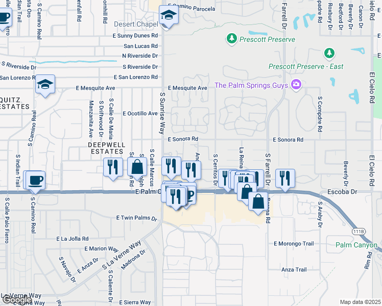 map of restaurants, bars, coffee shops, grocery stores, and more near 1930 East Renee Circle in Palm Springs