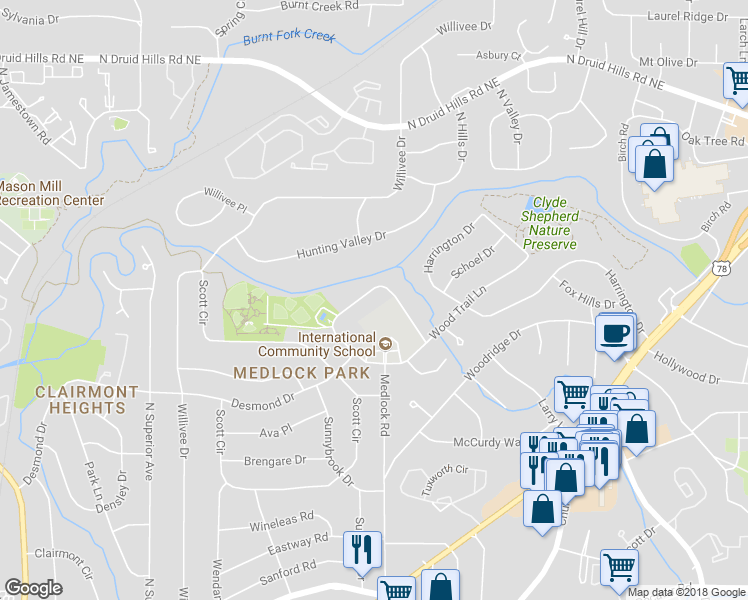 map of restaurants, bars, coffee shops, grocery stores, and more near 917 Gaylemont Circle in Decatur