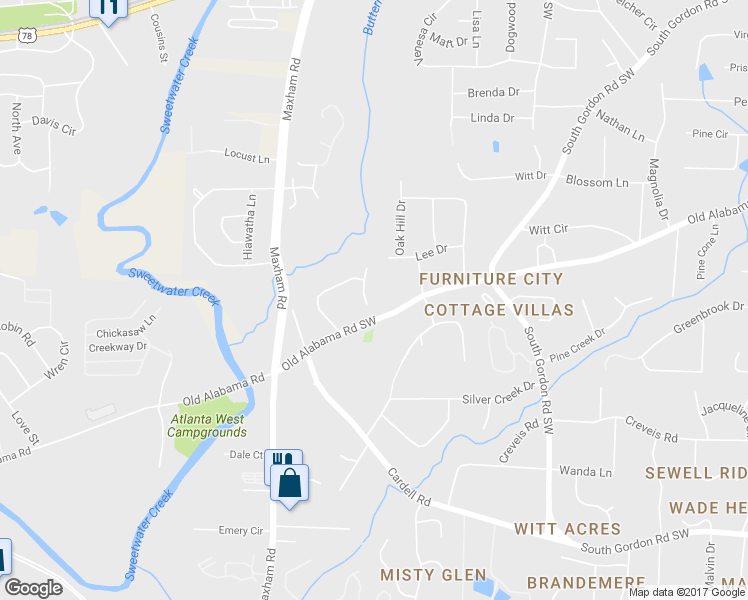 map of restaurants, bars, coffee shops, grocery stores, and more near 6175 Shadygrove Ridge Southwest in Austell