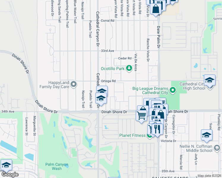 map of restaurants, bars, coffee shops, grocery stores, and more near 68680 Dinah Shore Drive in Cathedral City