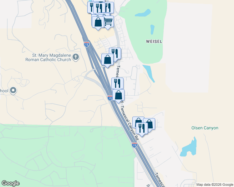 map of restaurants, bars, coffee shops, grocery stores, and more near 21705 Temescal Canyon Road in Corona
