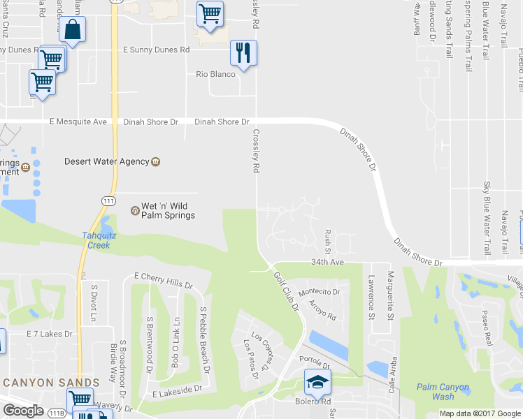 map of restaurants, bars, coffee shops, grocery stores, and more near 1597 Fairway Circle in Palm Springs