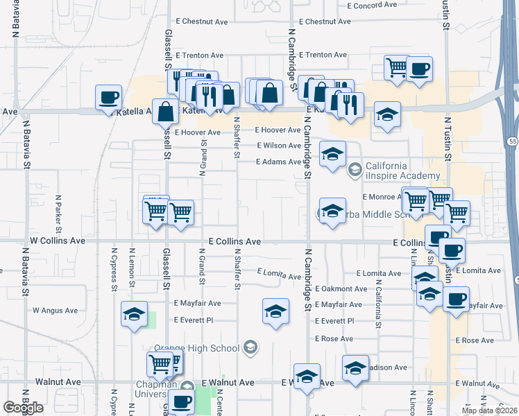 map of restaurants, bars, coffee shops, grocery stores, and more near 994 North Cleveland Street in Orange