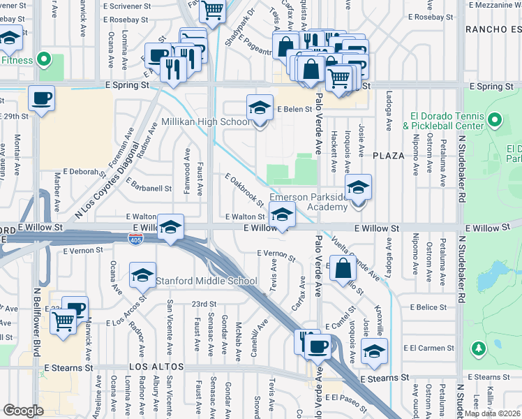 map of restaurants, bars, coffee shops, grocery stores, and more near 6156 East Oakbrook Street in Long Beach