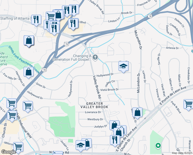 map of restaurants, bars, coffee shops, grocery stores, and more near 3047 Hollywood Drive in Decatur