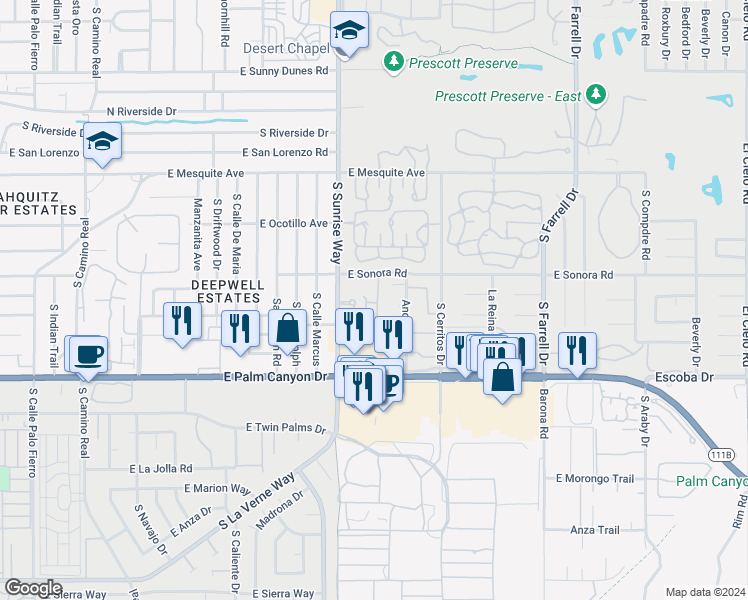 map of restaurants, bars, coffee shops, grocery stores, and more near 1930 East Renee Circle in Palm Springs