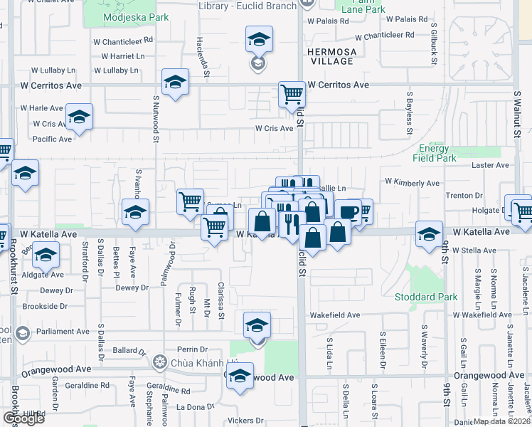map of restaurants, bars, coffee shops, grocery stores, and more near 1733 South Varna Street in Anaheim