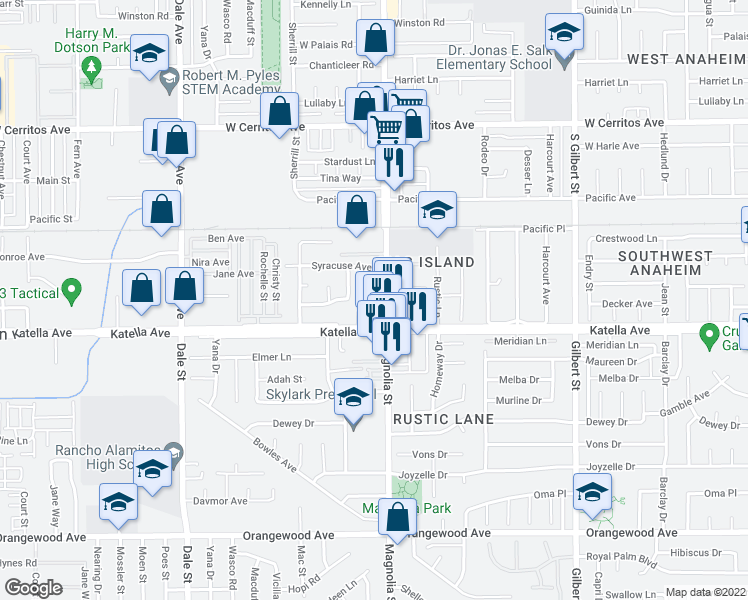 map of restaurants, bars, coffee shops, grocery stores, and more near 10901 Magnolia Avenue in Anaheim