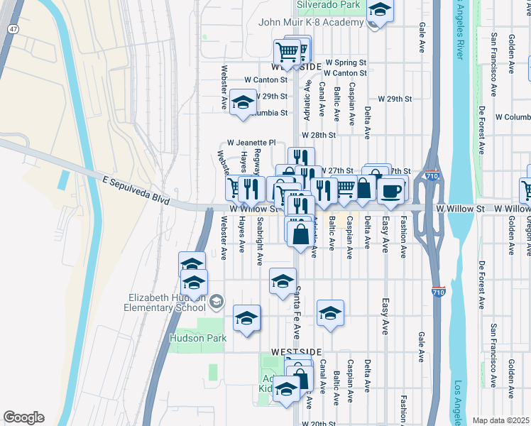 map of restaurants, bars, coffee shops, grocery stores, and more near 2573 Seabright Avenue in Long Beach