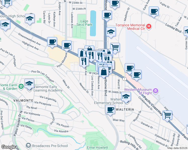 map of restaurants, bars, coffee shops, grocery stores, and more near 24212 Los Codona Avenue in Torrance