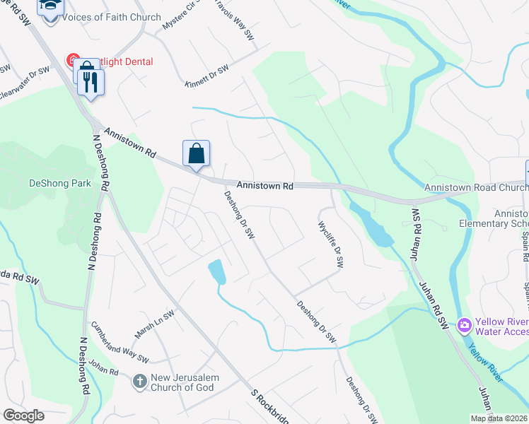 map of restaurants, bars, coffee shops, grocery stores, and more near 4974 Manor Drive Southwest in Stone Mountain