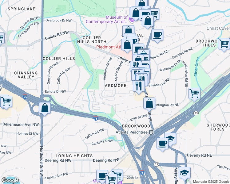 map of restaurants, bars, coffee shops, grocery stores, and more near 296 Ardmore Circle Northwest in Atlanta