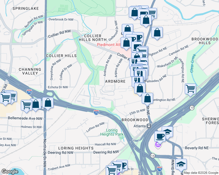 map of restaurants, bars, coffee shops, grocery stores, and more near 322 Ardmore Court Northwest in Atlanta