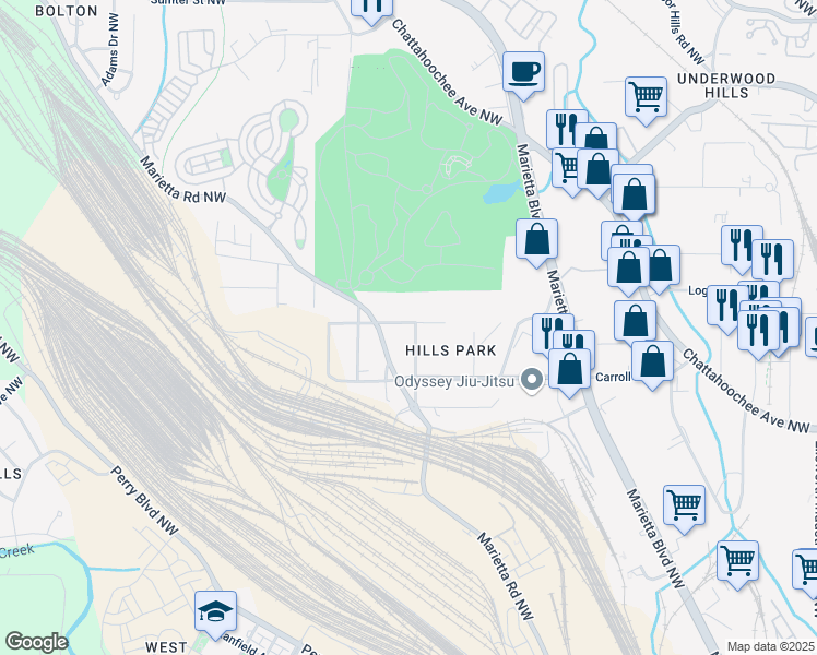 map of restaurants, bars, coffee shops, grocery stores, and more near 1810 Annie Street Northwest in Atlanta