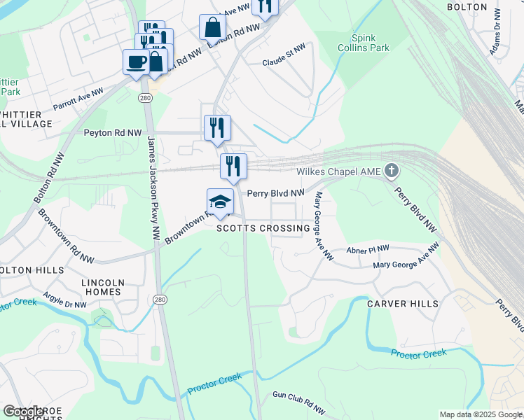 map of restaurants, bars, coffee shops, grocery stores, and more near 2471 Main Street Northwest in Atlanta
