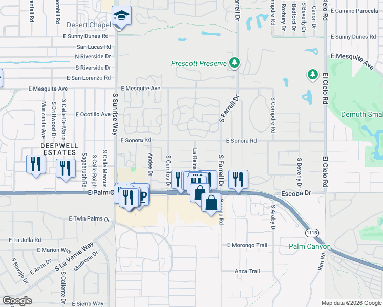 map of restaurants, bars, coffee shops, grocery stores, and more near 2295 East Amarillo Way in Palm Springs