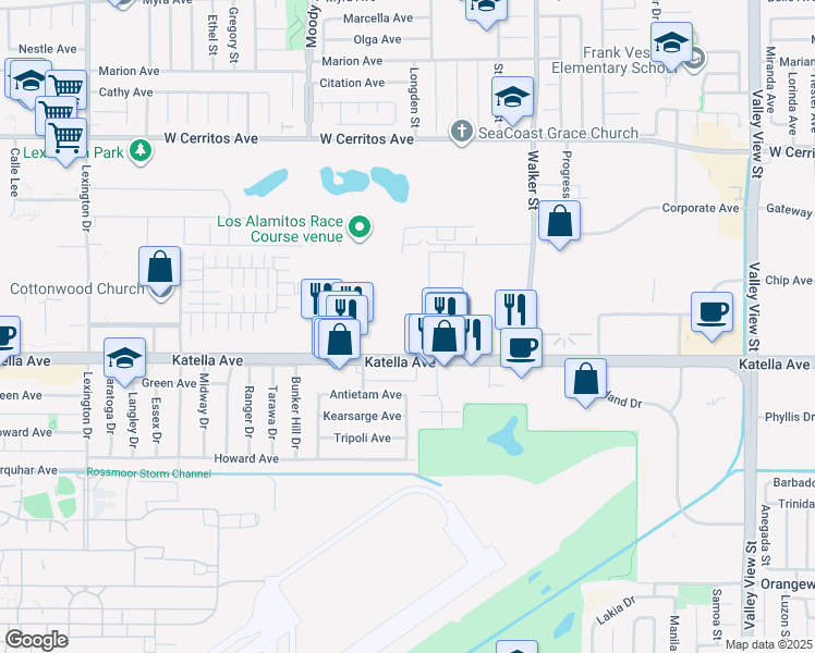 map of restaurants, bars, coffee shops, grocery stores, and more near 5049-5351 Katella Avenue in Cypress