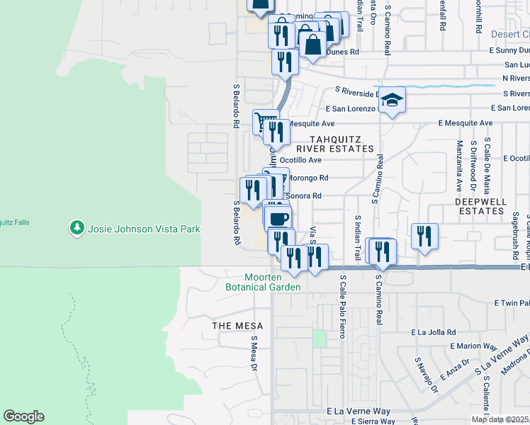 map of restaurants, bars, coffee shops, grocery stores, and more near 1555 South Palm Canyon Drive in Palm Springs