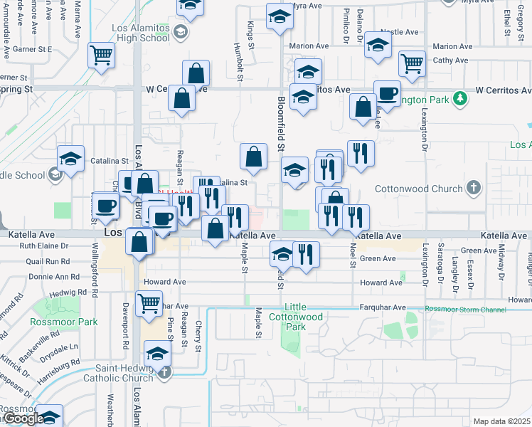 map of restaurants, bars, coffee shops, grocery stores, and more near 10961 Bloomfield St in Los Alamitos