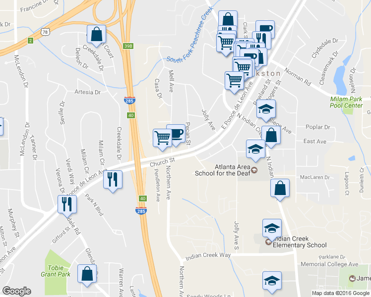 map of restaurants, bars, coffee shops, grocery stores, and more near 3948 East Ponce De Leon Avenue in Clarkston