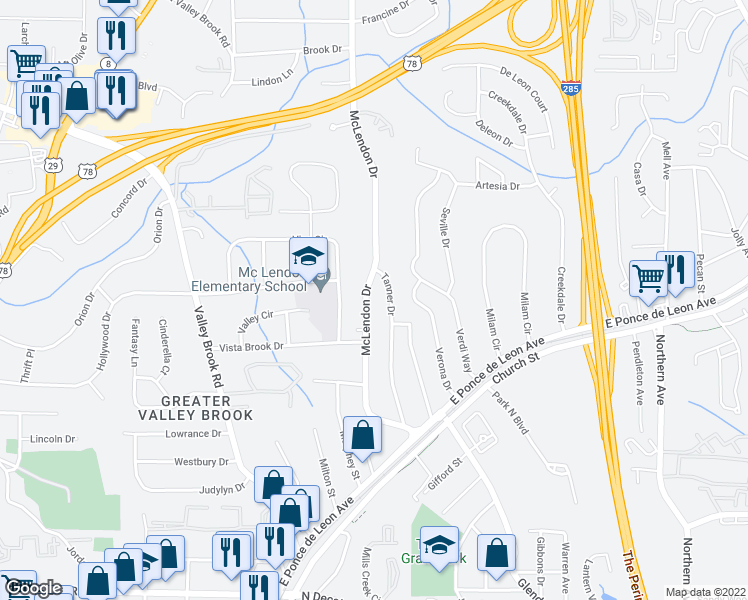 map of restaurants, bars, coffee shops, grocery stores, and more near 885 McLendon Drive in Scottdale