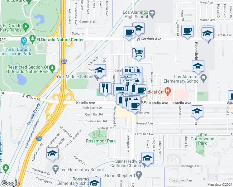 map of restaurants, bars, coffee shops, grocery stores, and more near 10912 Walnut Street in Los Alamitos