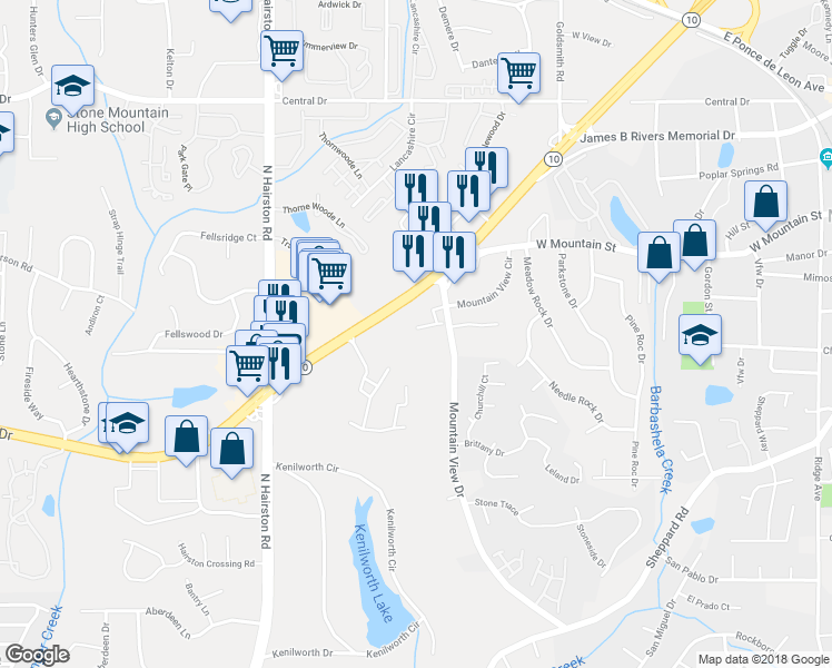 map of restaurants, bars, coffee shops, grocery stores, and more near 4956 Villager Lane in Stone Mountain