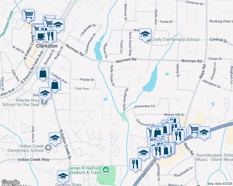 map of restaurants, bars, coffee shops, grocery stores, and more near 3900 Greystone Ct W in Stone Mountain