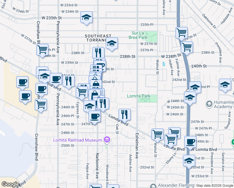 map of restaurants, bars, coffee shops, grocery stores, and more near 2101 245th Street in Lomita